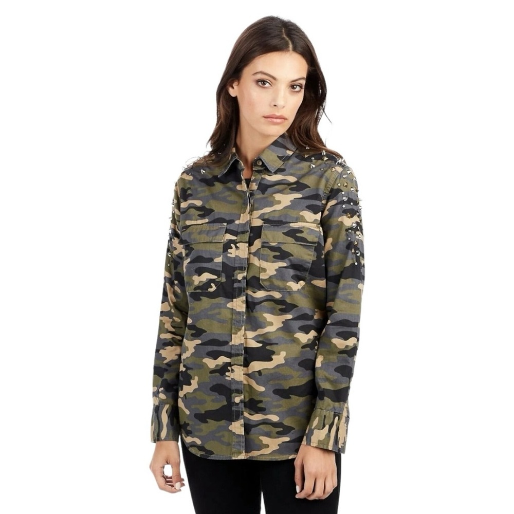 True Religion Grunge Camouflage Utility Studded Flap Pocket Button Down Shirt